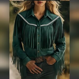 Oyrosy Women's Bohemian Tassel Lapel Fringe Suede Cloth Shirt Green NWT Small
